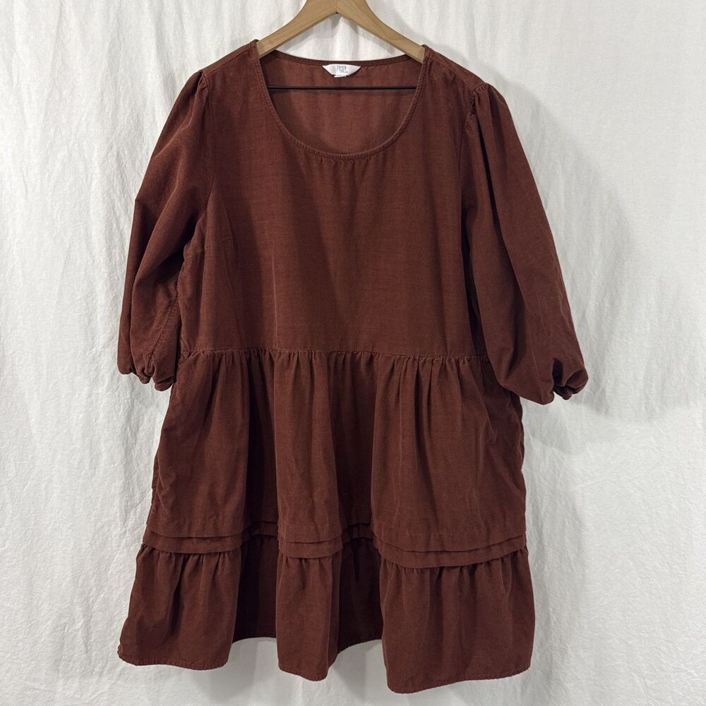 Time & Tru Brown Corduroy Puff Sleeve Tiered Peasant Dress Womens XL Boho Fall